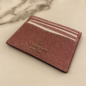 KATE SPADE Lola Glitter Small Slim Card Holder Rose Pink Gift Box